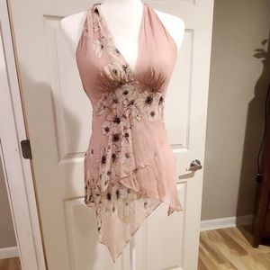 Bcbg chiffon layered waterfall halter top